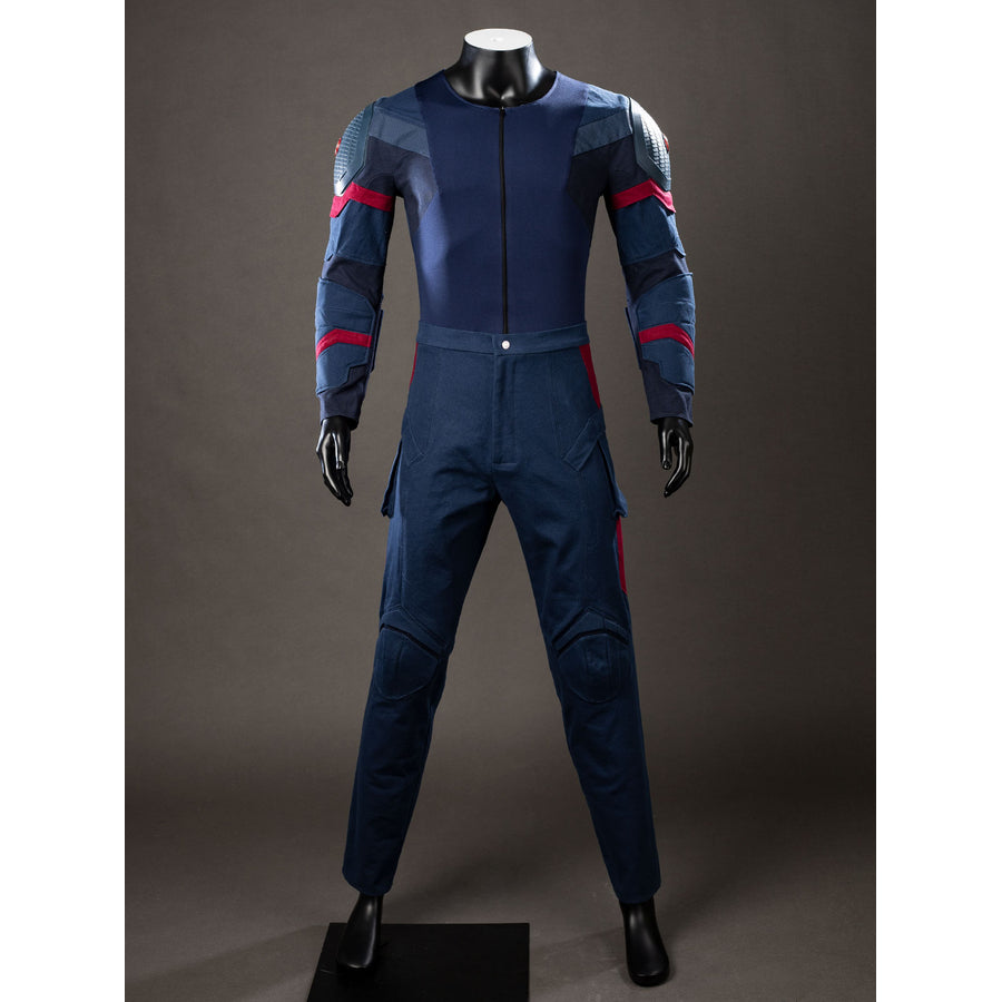 Steve Rogers cosplay jumpsuit front view sets navy panels beside red sleeve and thigh accents.