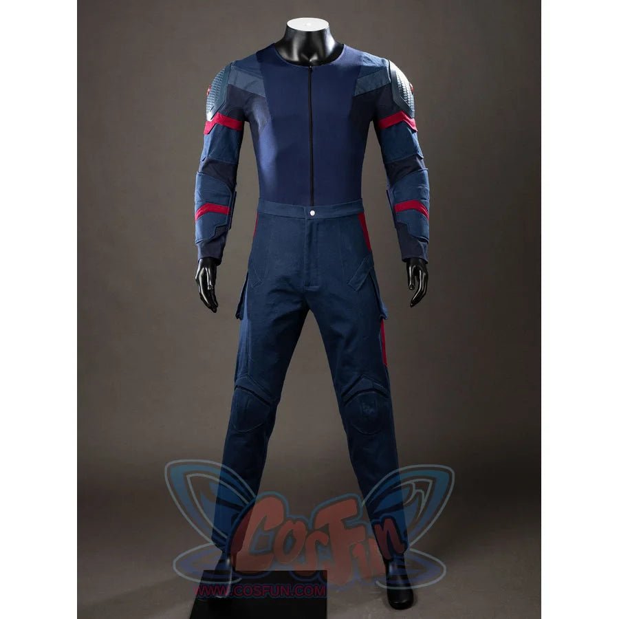 Steve Rogers cosplay jumpsuit front view sets navy panels beside red sleeve and thigh accents.