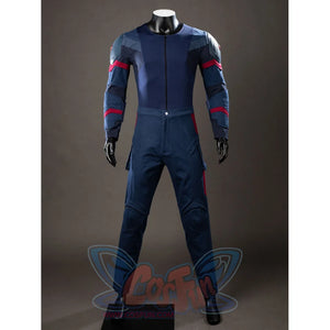Steve Rogers cosplay jumpsuit front view sets navy panels beside red sleeve and thigh accents.