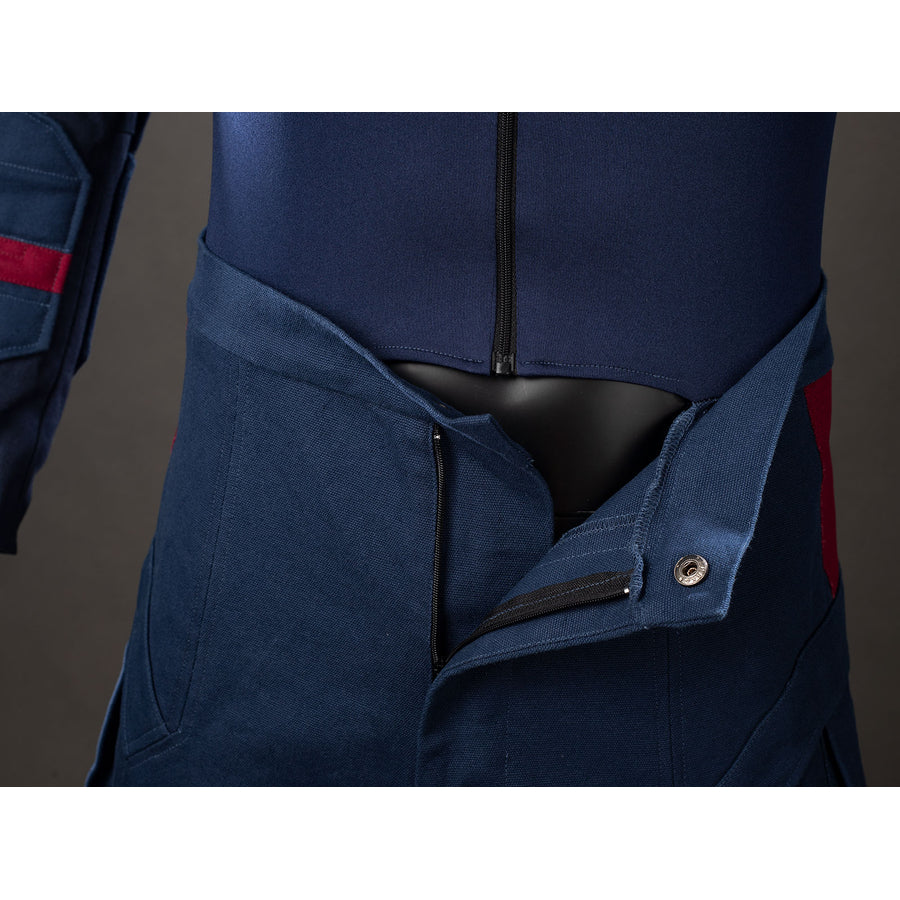 Steve Rogers cosplay jumpsuit waist detail opens at the blue trouser front under a snap tab.