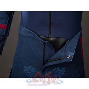 Steve Rogers cosplay jumpsuit waist detail opens at the blue trouser front under a snap tab.