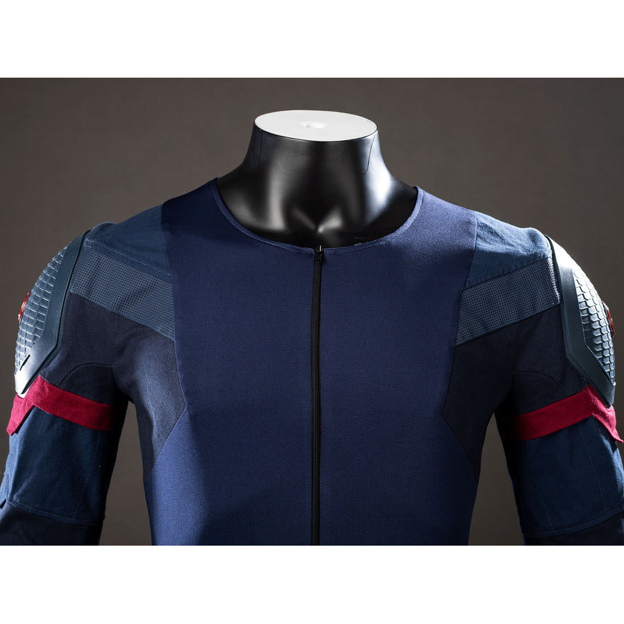 Steve Rogers cosplay jumpsuit upper body sets a navy zipper front between red sleeve bands.