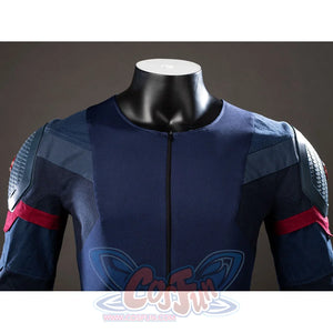 Steve Rogers cosplay jumpsuit upper body sets a navy zipper front between red sleeve bands.