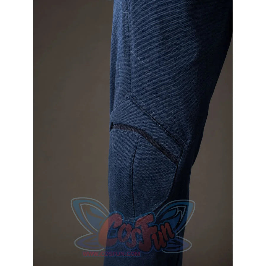 Steve Rogers cosplay knee armor close-up sets raised navy padding along the trouser leg.