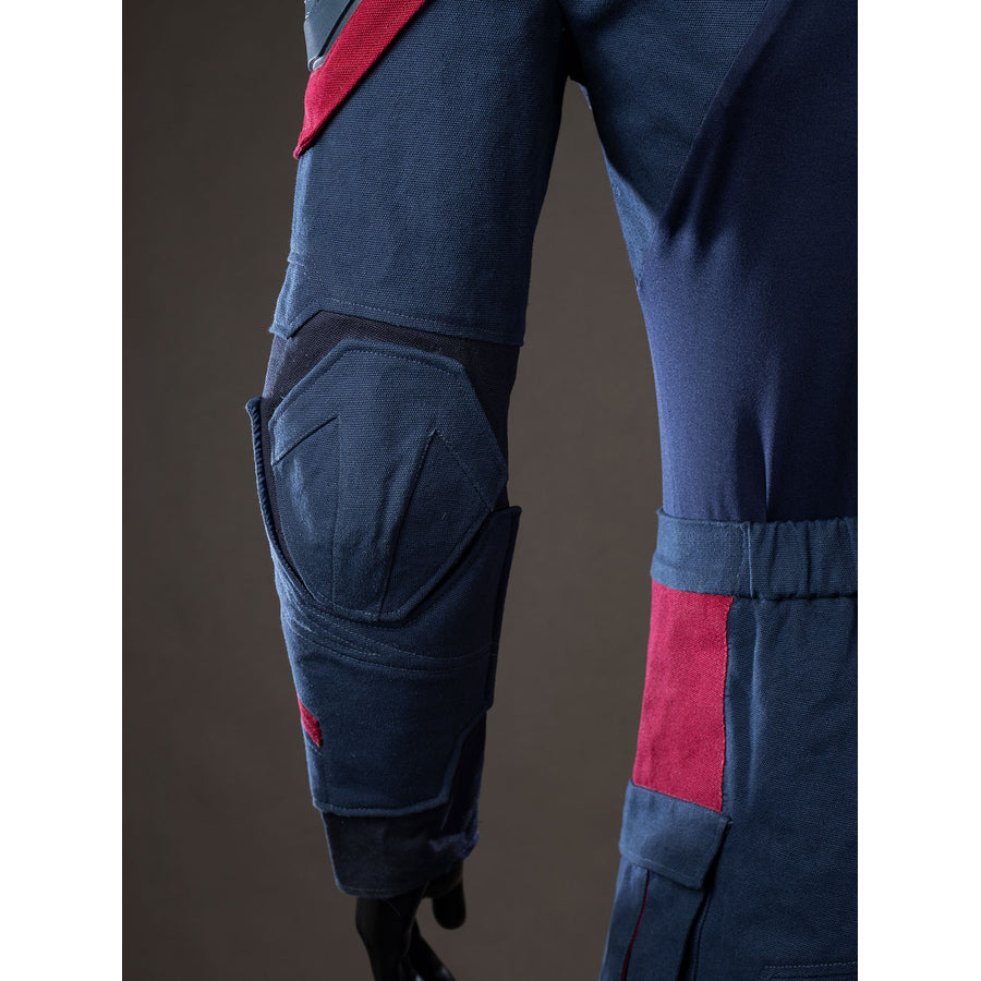 Steve Rogers cosplay leg guard detail layers navy knee armor above a red side panel.