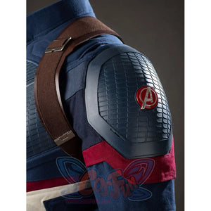 Steve Rogers cosplay shoulder armor detail sets a red emblem against textured navy panels.