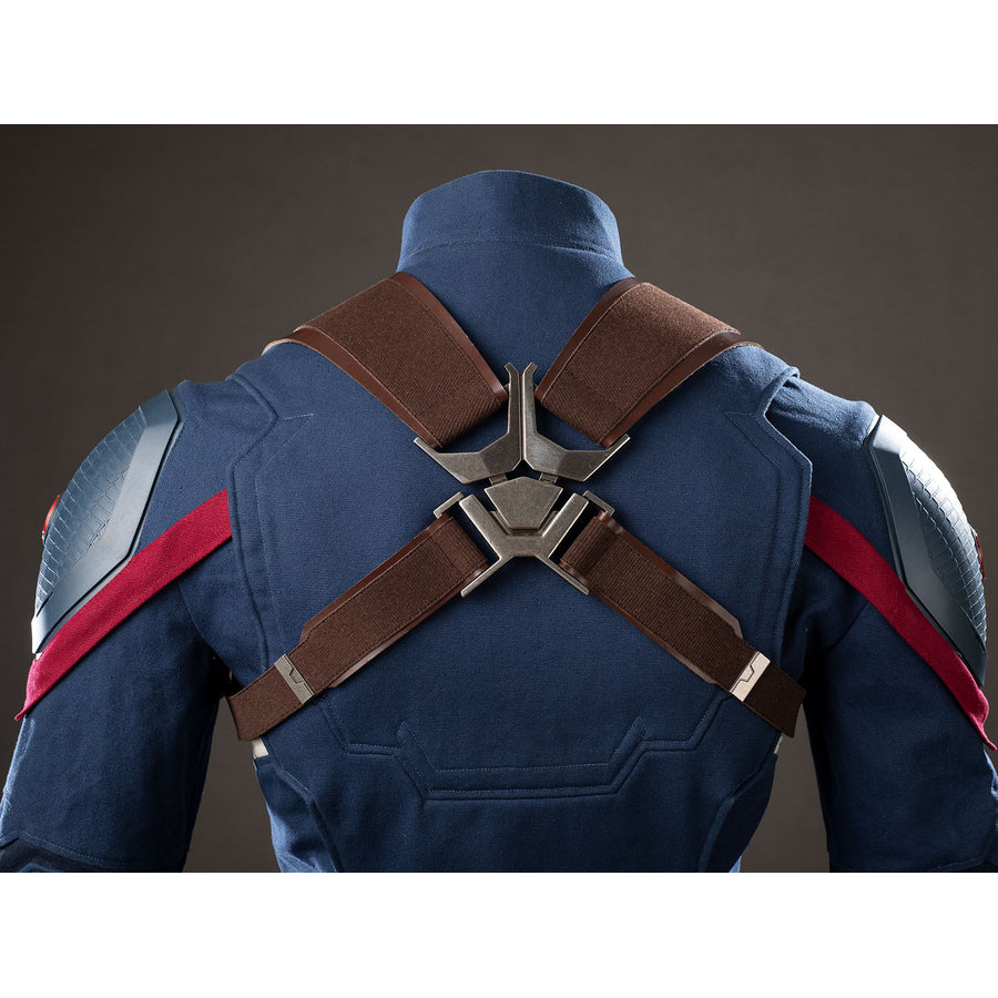 Steve Rogers cosplay shoulder harness detail locks brown straps into a silver-tone back clasp.