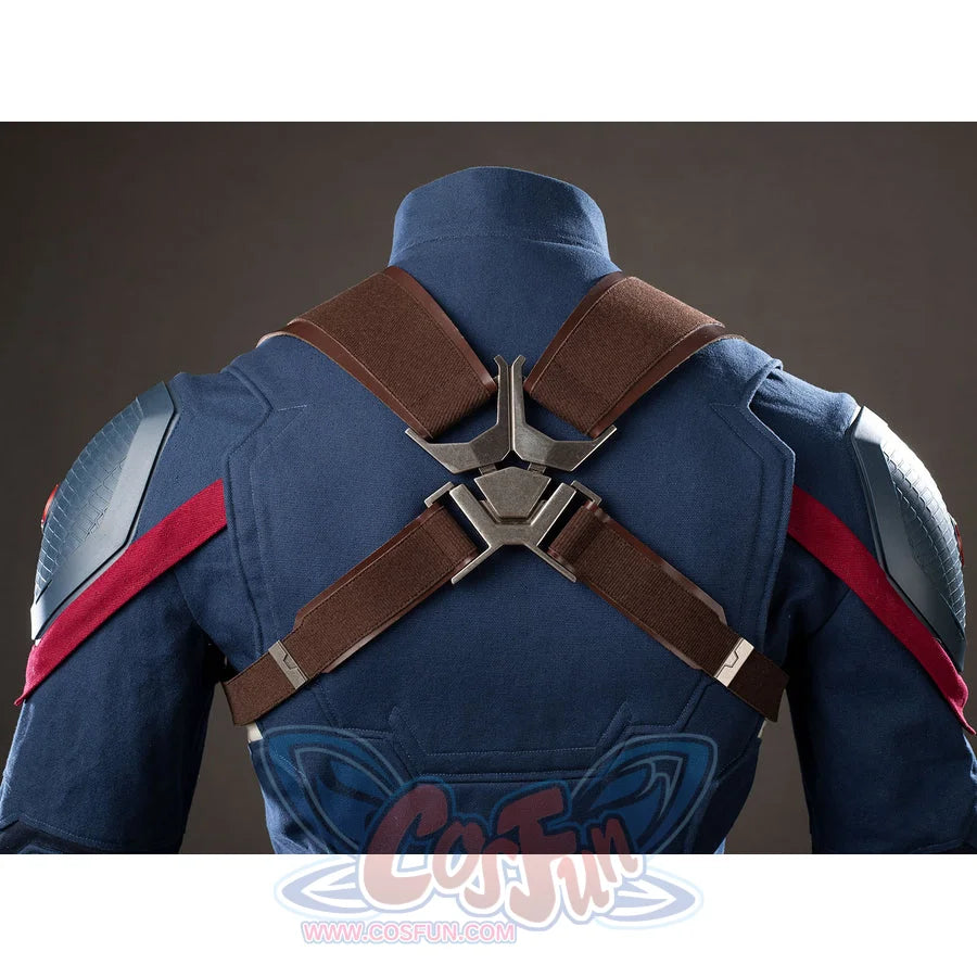 Steve Rogers cosplay shoulder harness detail locks brown straps into a silver-tone back clasp.