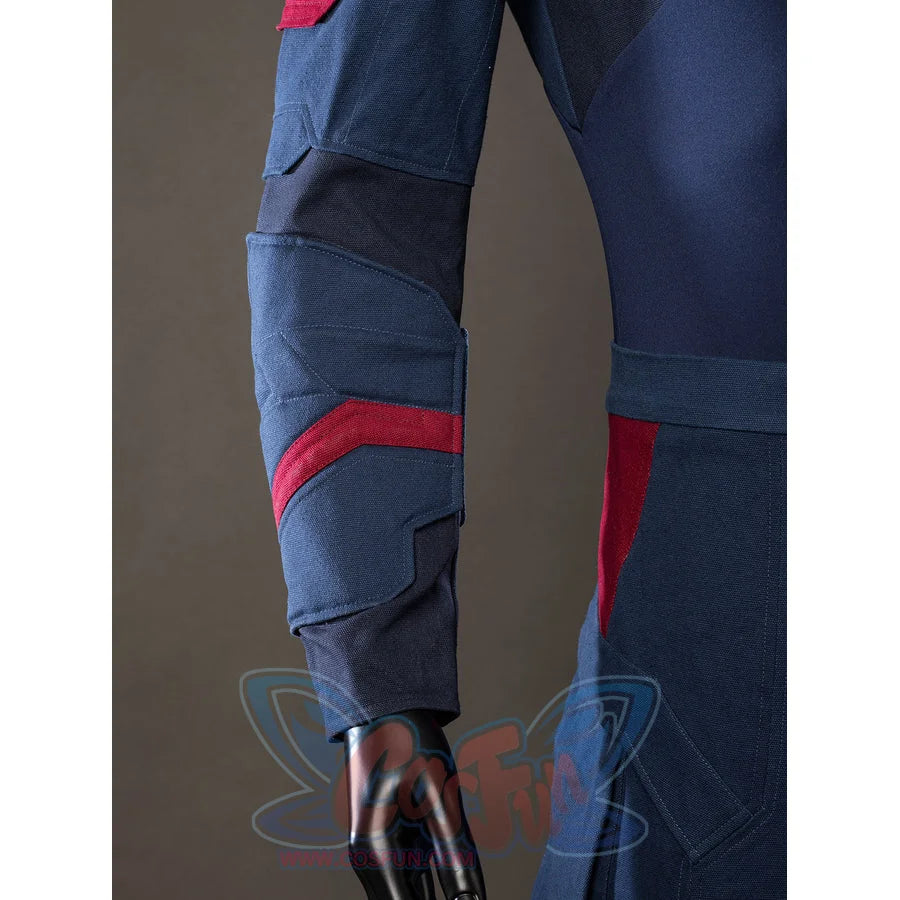 Steve Rogers cosplay sleeve detail layers red bands over navy armor panels near the wrist.