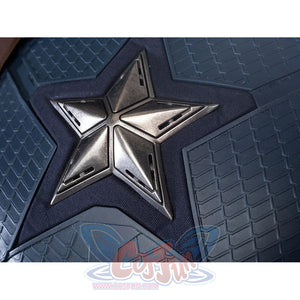 Steve Rogers cosplay chest emblem close-up sets a silver-tone star on textured navy armor.
