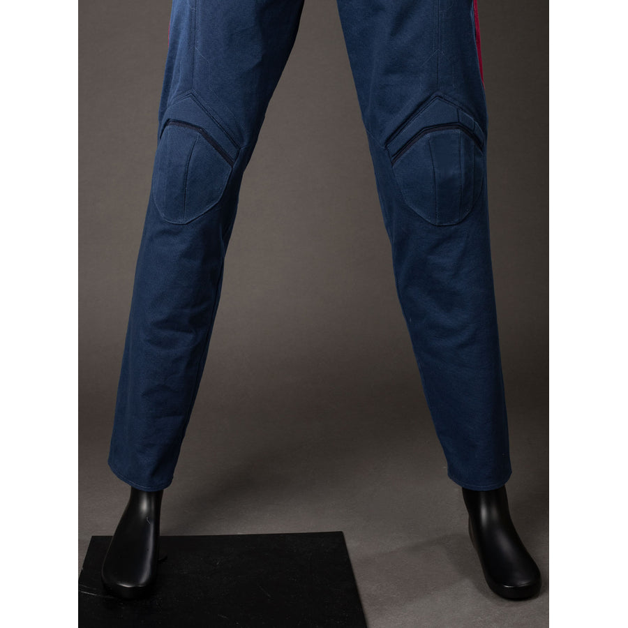 Steve Rogers cosplay trouser legs taper from navy fabric into fitted ankle openings.