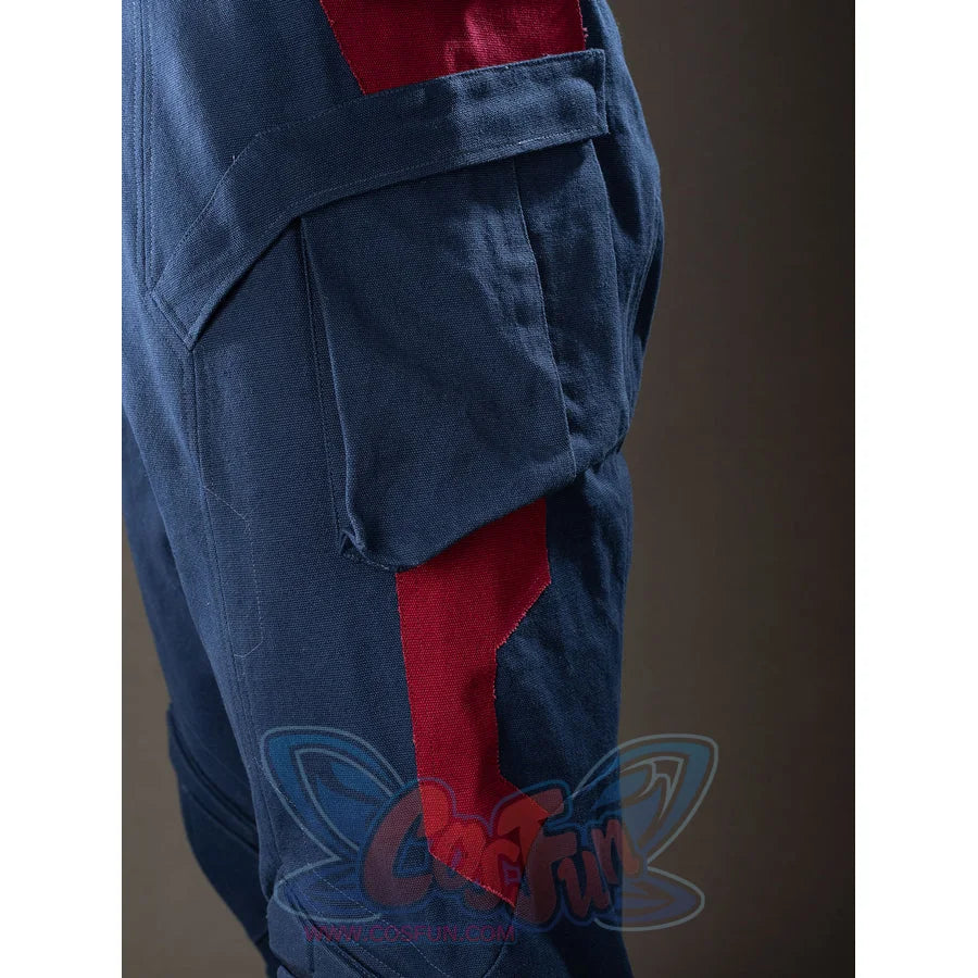 Steve Rogers cosplay trouser side detail sets a cargo pocket above angular red thigh panels.