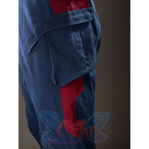 Steve Rogers cosplay trouser side detail sets a cargo pocket above angular red thigh panels.