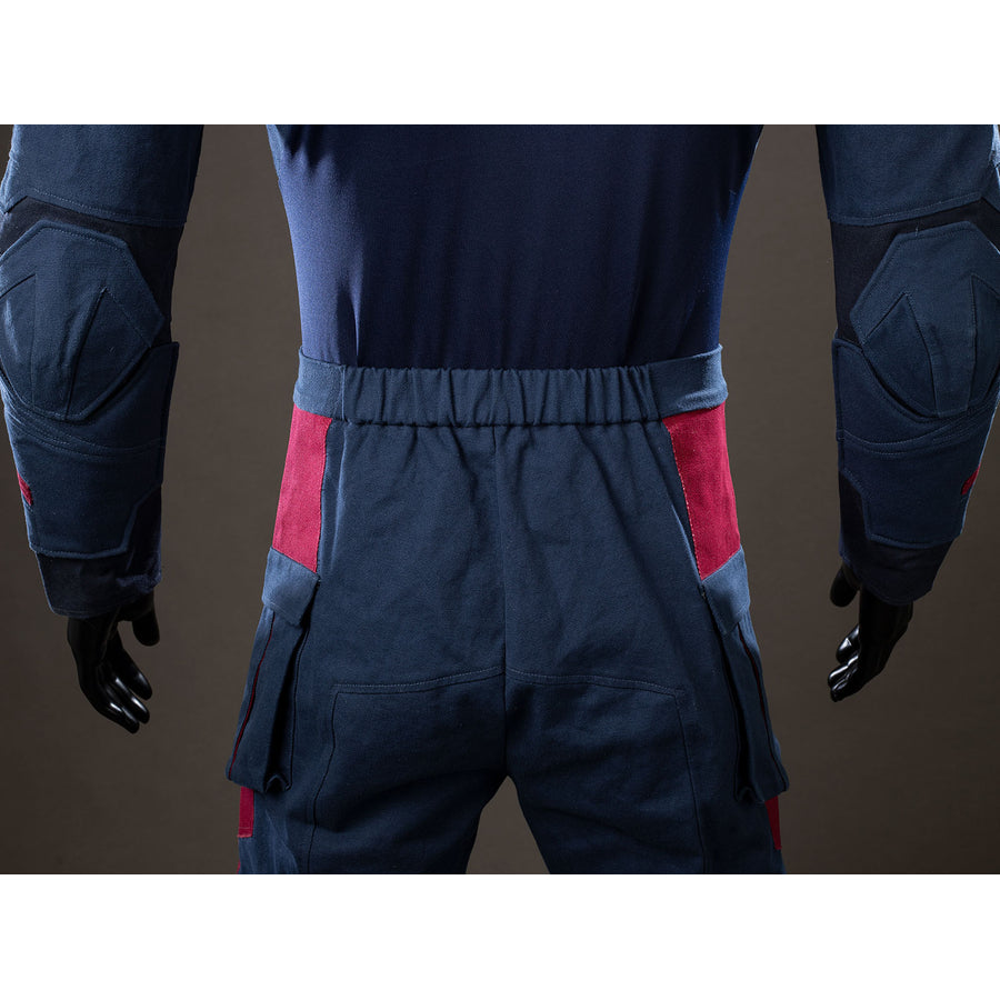 Steve Rogers cosplay trousers back view gathers blue waist elastic between red side panels.
