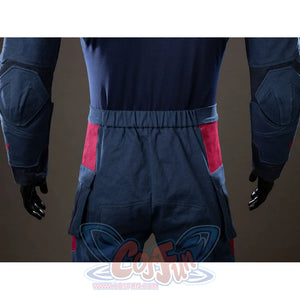 Steve Rogers cosplay trousers back view gathers blue waist elastic between red side panels.