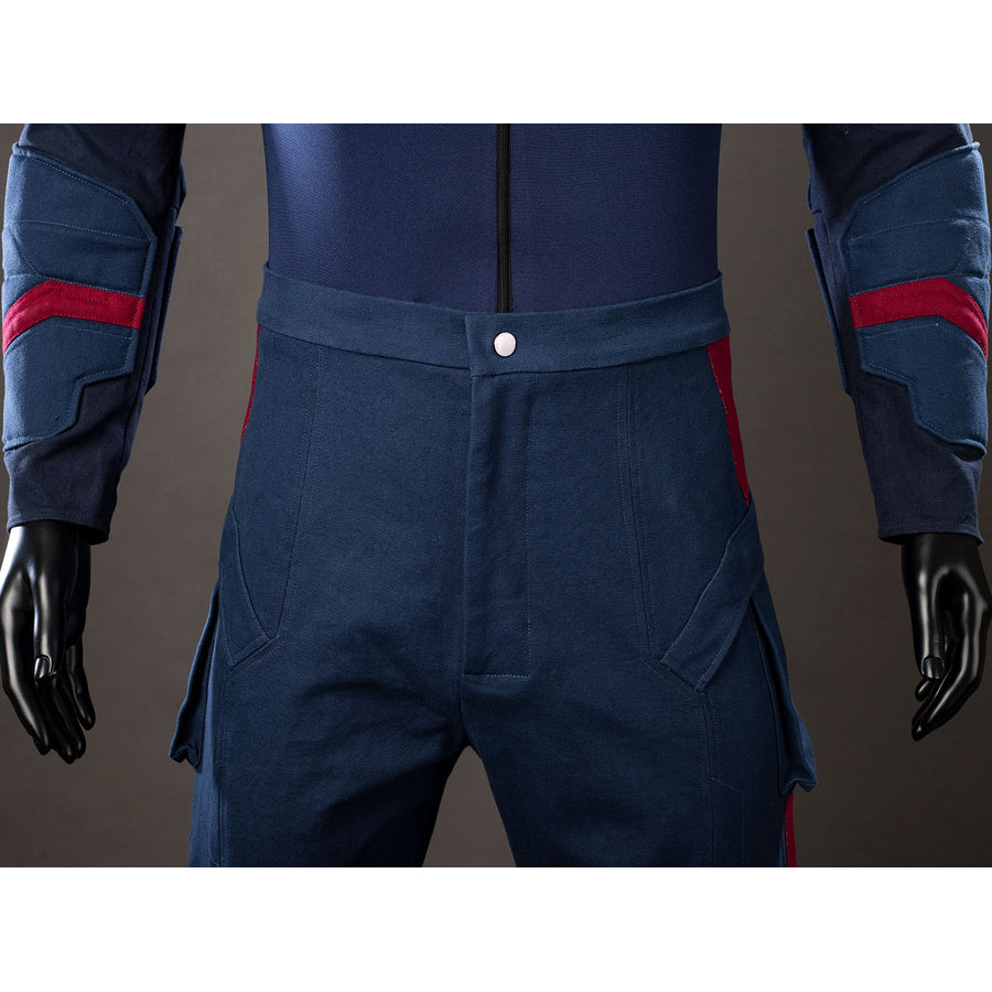 Steve Rogers cosplay trousers front view anchors blue utility panels below the zippered jumpsuit.