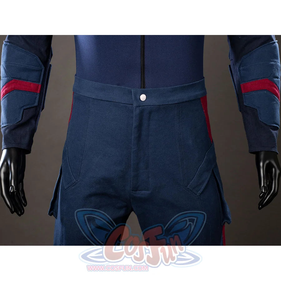 Steve Rogers cosplay trousers front view anchors blue utility panels below the zippered jumpsuit.