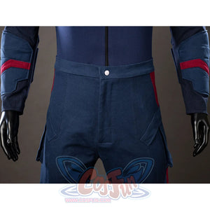 Steve Rogers cosplay trousers front view anchors blue utility panels below the zippered jumpsuit.