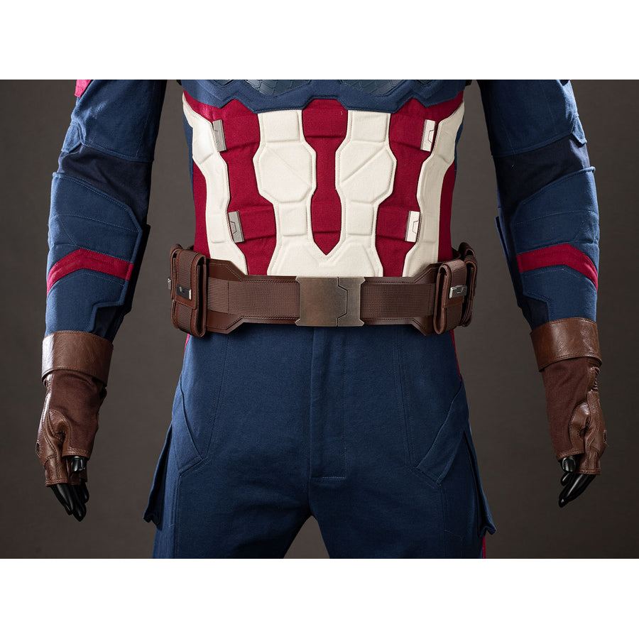 Steve Rogers cosplay costume midsection anchors red-white armor above blue trouser panels.