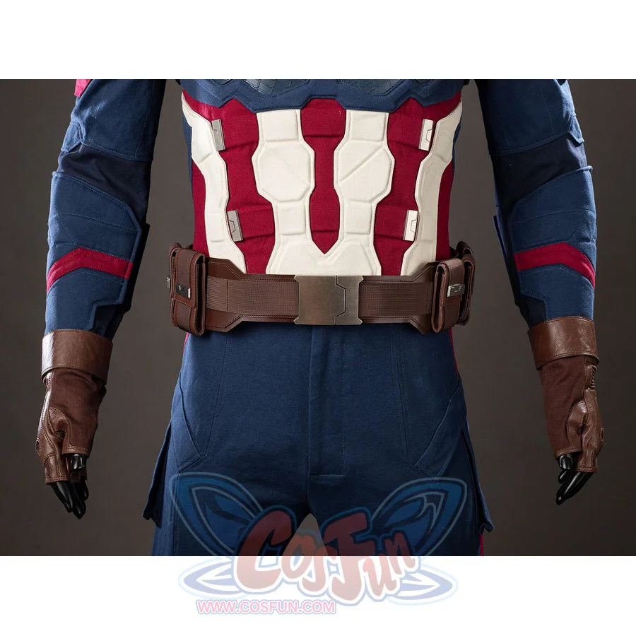 Steve Rogers cosplay costume midsection anchors red-white armor above blue trouser panels.