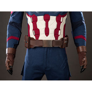 Steve Rogers cosplay costume midsection anchors red-white armor above blue trouser panels.