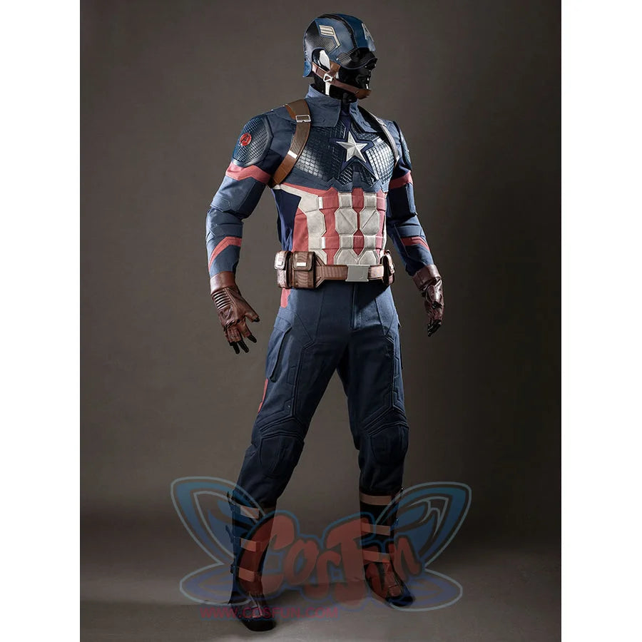 Steve Rogers cosplay costume angled view balances red torso panels with navy pants and brown straps.