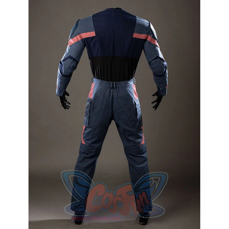 Steve Rogers cosplay costume back view follows red sleeve bands across the navy jacket and pants.