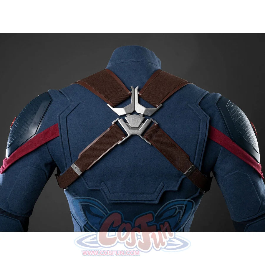 Steve Rogers cosplay centers blue bodysuit with brown harness straps and metal back piece.