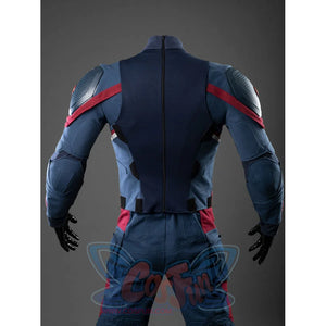 Steve Rogers cosplay bodysuit layers a dark tactical vest over red trimmed fabric that anchors the fitted shoulder armor.