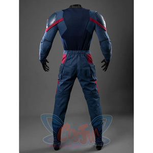 Steve Rogers cosplay bodysuit frames the back with red accented shoulder armor panels and gathered waist tactical pants.