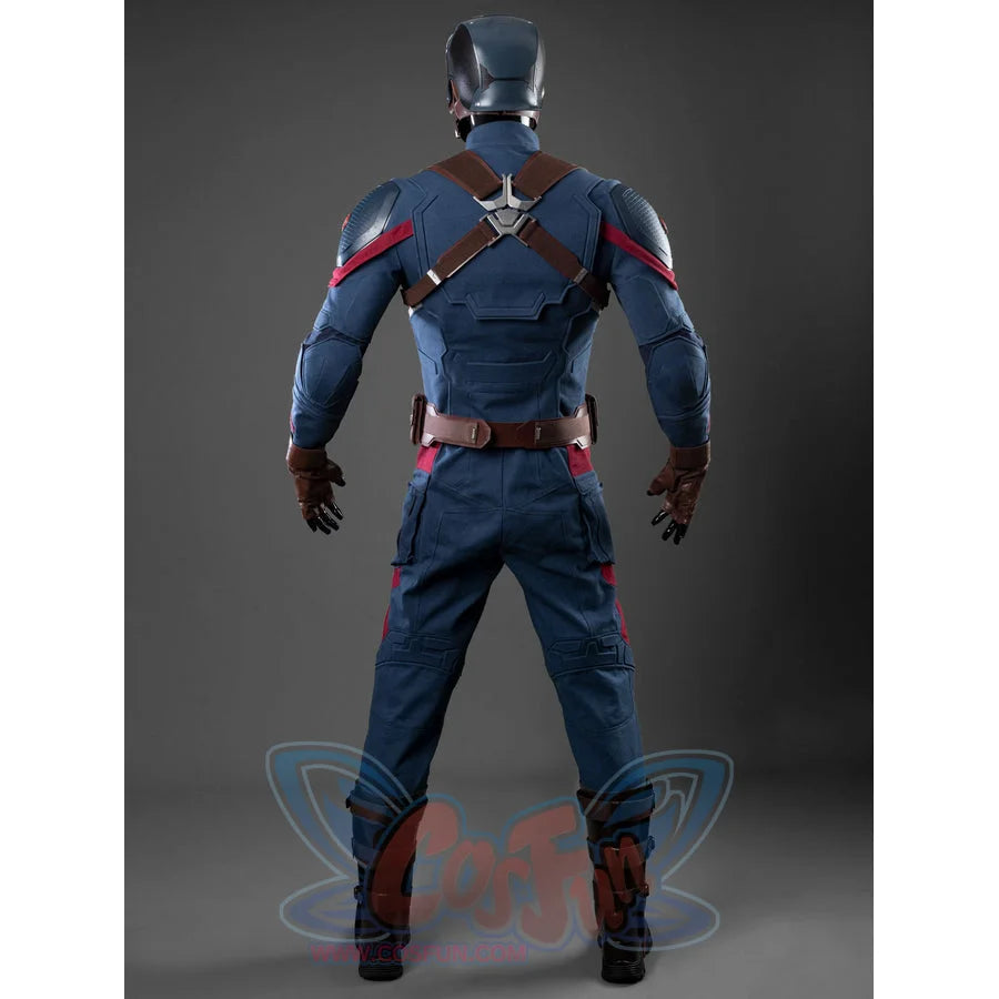 Steve Rogers cosplay centers the back of a navy bodysuit layered with harness straps and dark gloves paired with a helmet.