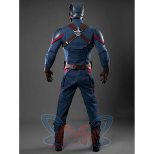 Steve Rogers cosplay centers the back of a navy bodysuit layered with harness straps and dark gloves paired with a helmet.