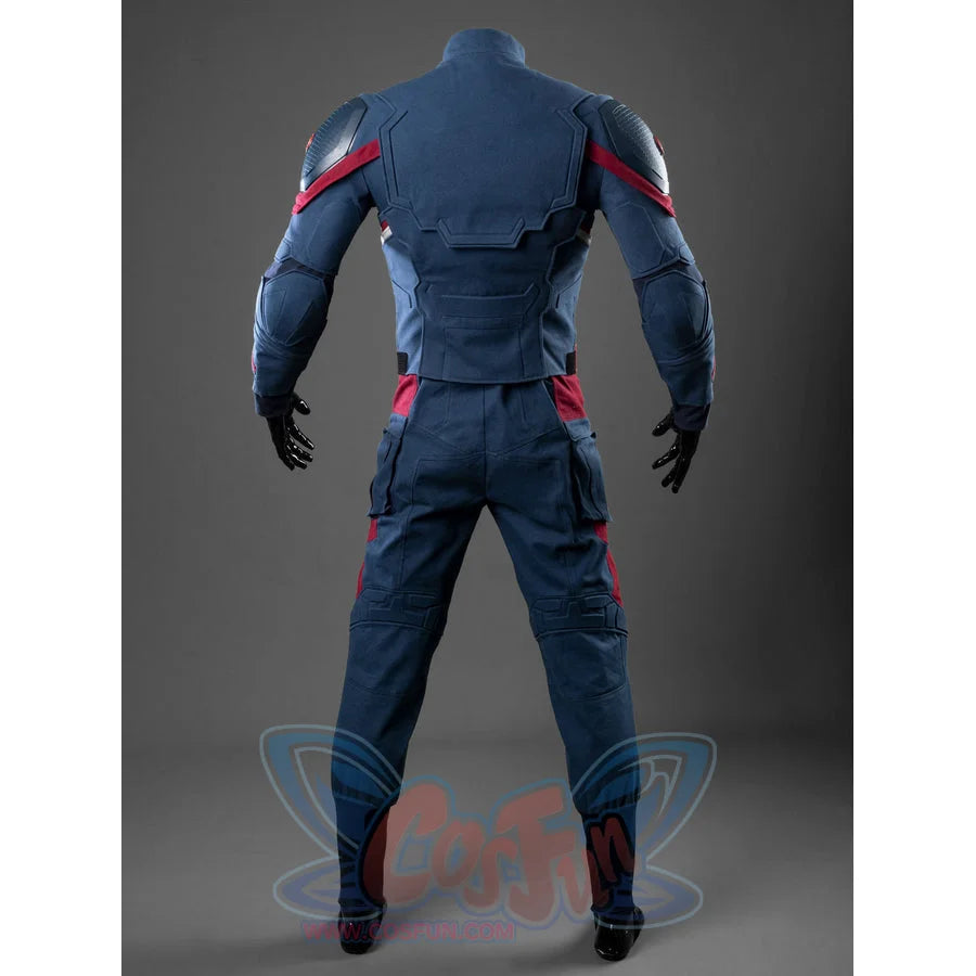 Steve Rogers cosplay bodysuit layers dark blue denim with red panels and reinforced armor plating across the back area.