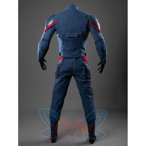 Steve Rogers cosplay bodysuit layers dark blue denim with red panels and reinforced armor plating across the back area.