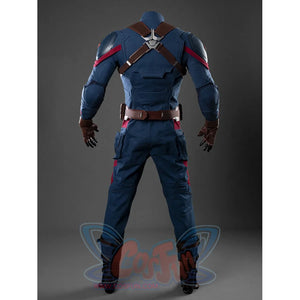 Steve Rogers cosplay bodysuit layers dark fabric with brown harness straps that frame the shoulders and center the back.