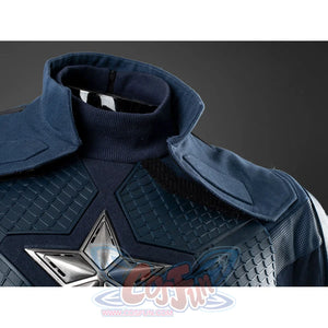 Steve Rogers cosplay bodysuit layers dark blue textured fabric with a centered metallic star and structured chest plates.