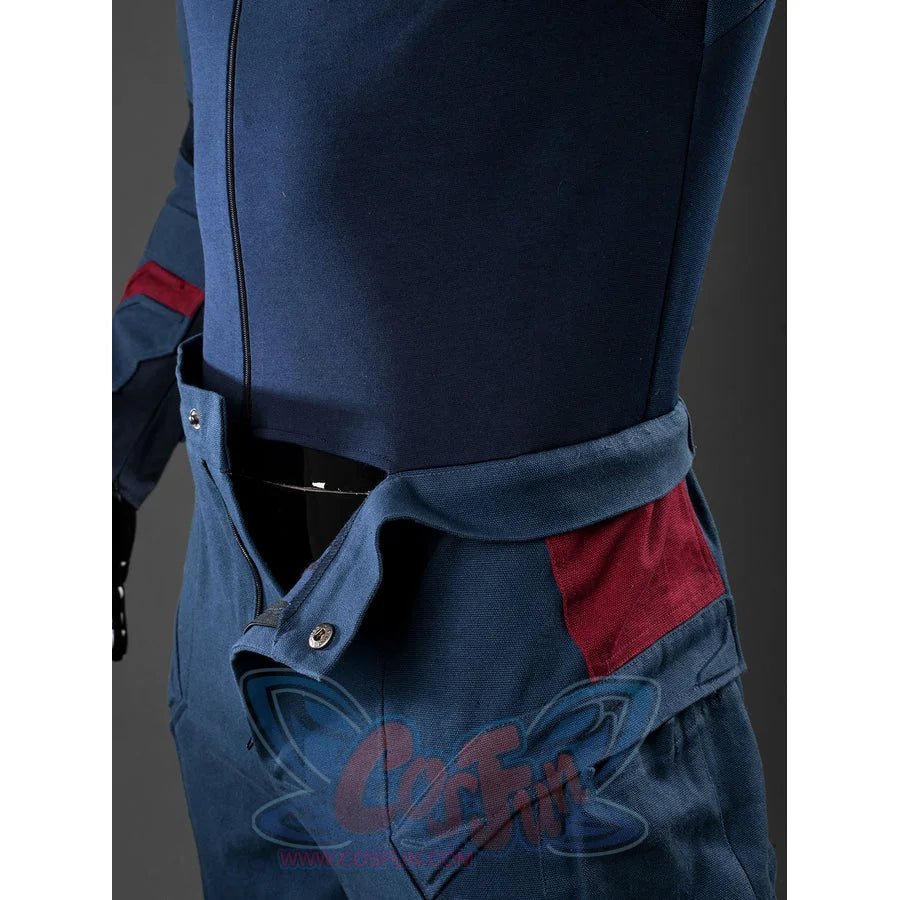Steve Rogers cosplay jumpsuit layers deep blue cotton denim with sturdy metal hardware and vibrant red fabric accents.