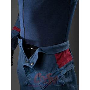 Steve Rogers cosplay jumpsuit layers deep blue cotton denim with sturdy metal hardware and vibrant red fabric accents.