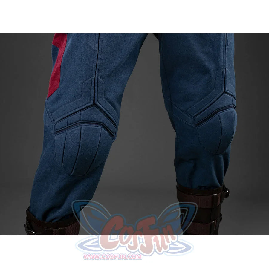 Steve Rogers cosplay blue denim pants frame reinforced knee sections that gather into lower leg straps with buckle closures.