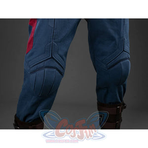 Steve Rogers cosplay blue denim pants frame reinforced knee sections that gather into lower leg straps with buckle closures.