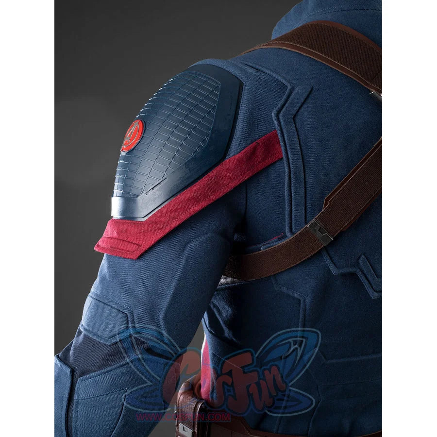 Steve Rogers cosplay bodysuit layers a textured blue shoulder plate over red fabric accents and sturdy brown harness straps.
