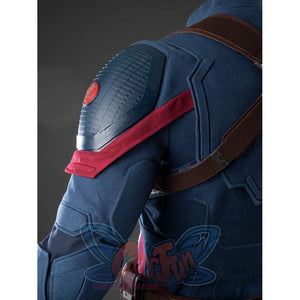 Steve Rogers cosplay bodysuit layers a textured blue shoulder plate over red fabric accents and sturdy brown harness straps.