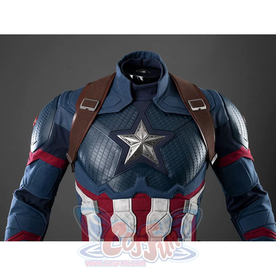 Steve Rogers cosplay centers Blue bodysuit with silver-tone chest star and brown faux leather harness straps.