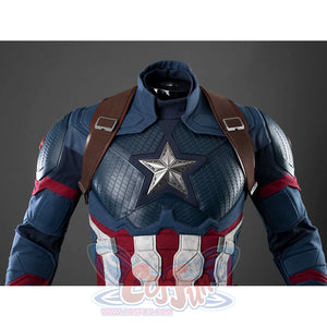Steve Rogers cosplay centers Blue bodysuit with silver-tone chest star and brown faux leather harness straps.