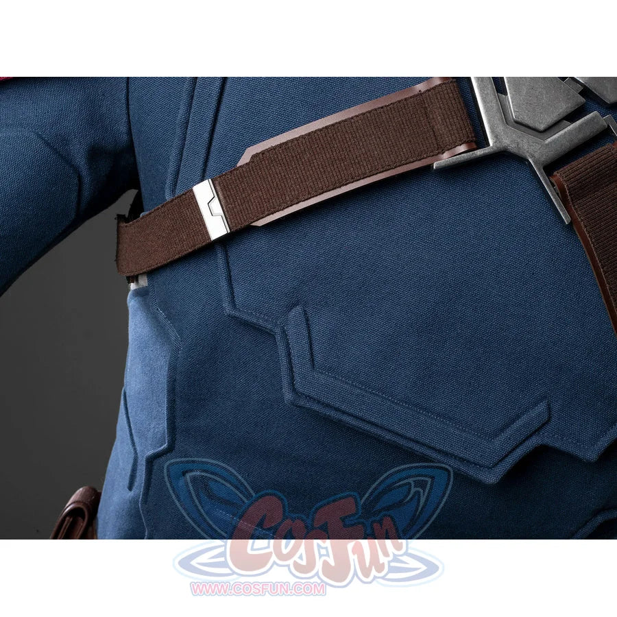 Steve Rogers cosplay bodysuit integrates textured blue denim fabric with reinforced harness straps and metallic accents.