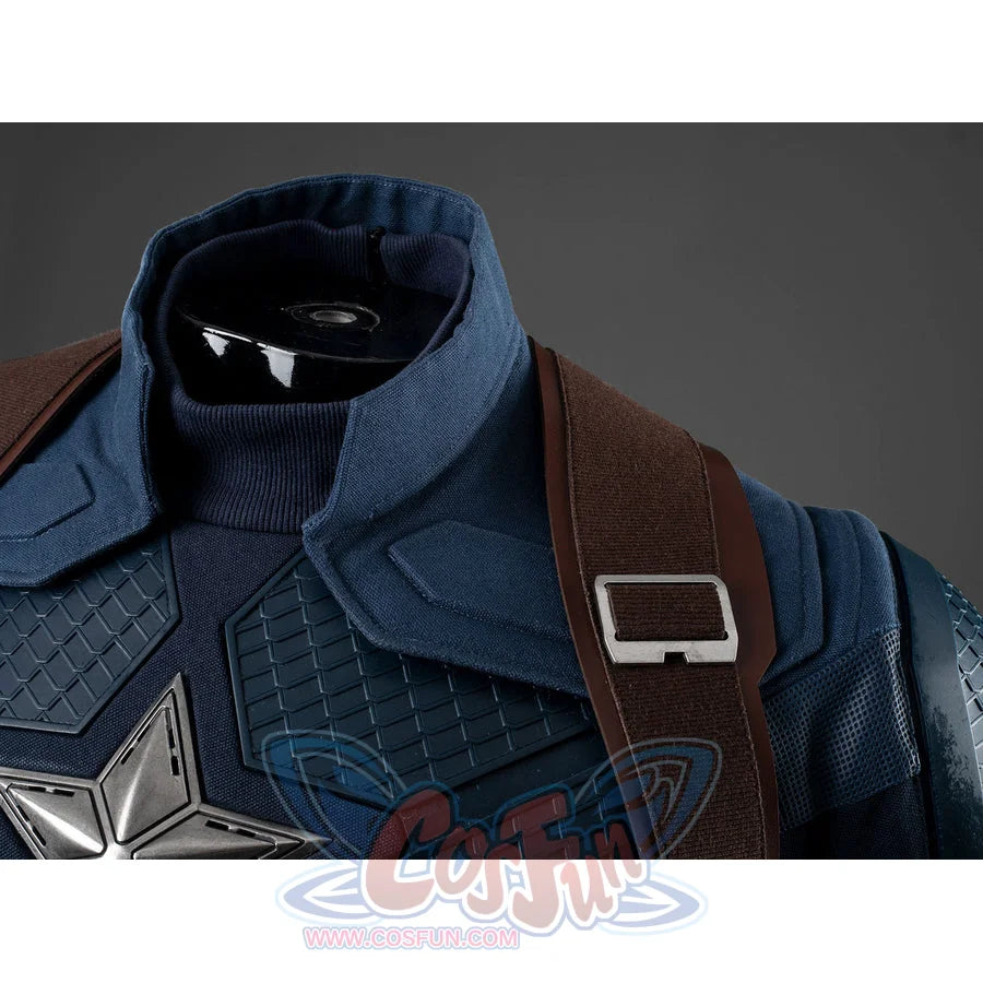 Steve Rogers cosplay centers blue high neck bodysuit with star emblem and brown faux leather shoulder straps.