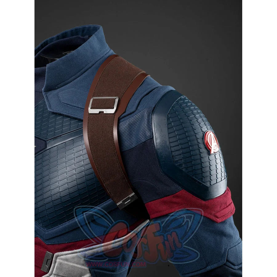 Steve Rogers cosplay bodysuit frames a brown shoulder strap that anchors into textured blue armor with a red circular logo.