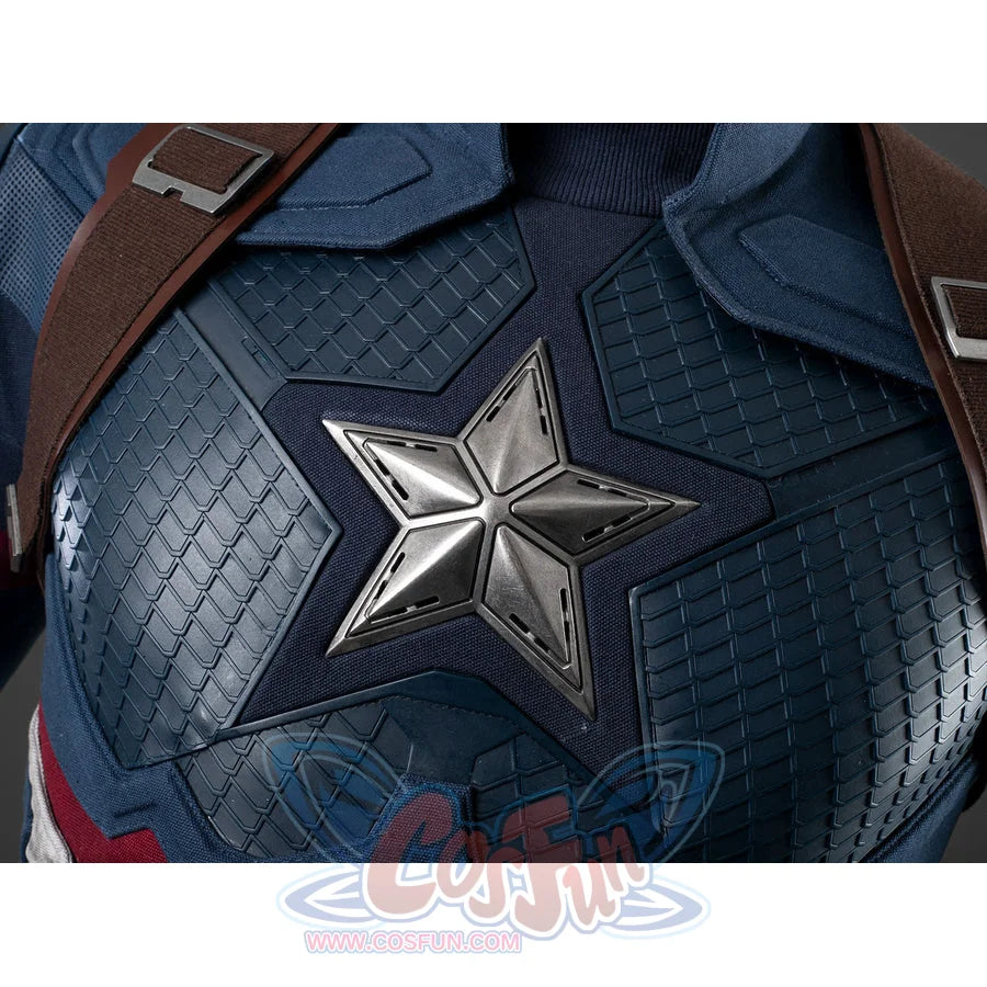 Steve Rogers cosplay bodysuit centers a metallic chest star over textured blue fabric layers with brown harness straps.