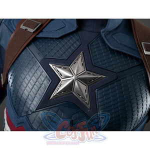 Steve Rogers cosplay bodysuit centers a metallic chest star over textured blue fabric layers with brown harness straps.