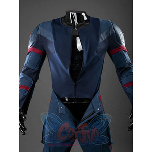 Steve Rogers cosplay bodysuit layers blue cotton denim fabric with tactical vest panels and distinct red stripe details.